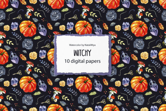 10 Watercolor WITCHY Digital Papers & Illustrations