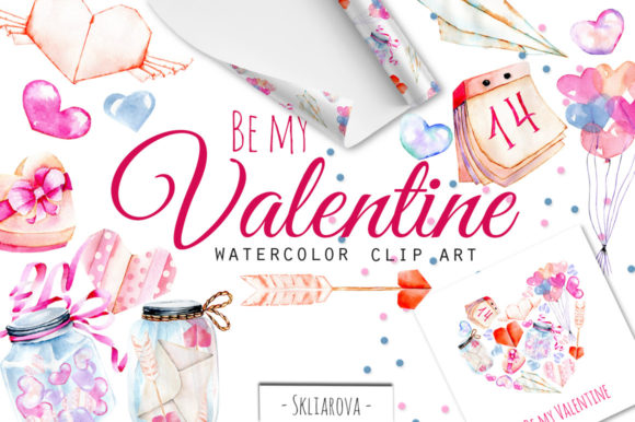 Be My Valentine Watercolor Clip Art
