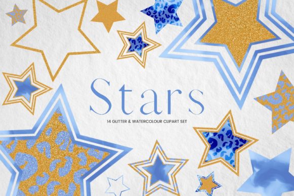 Blue Watercolor and Glitter Stars Illustrations