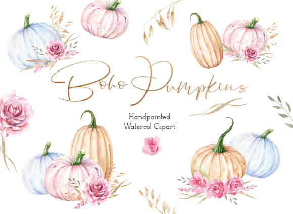 Boho Pumpkin Watercolor Clipart and Illustrations