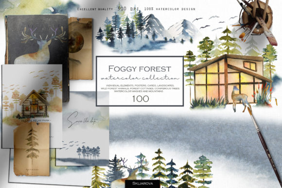 Foggy Forest Watercolor Collection and Illustrations