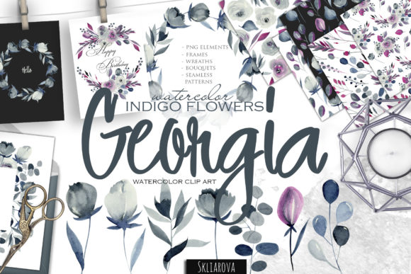 Georgia Indigo Flowers Watercolor Set and Illustrations