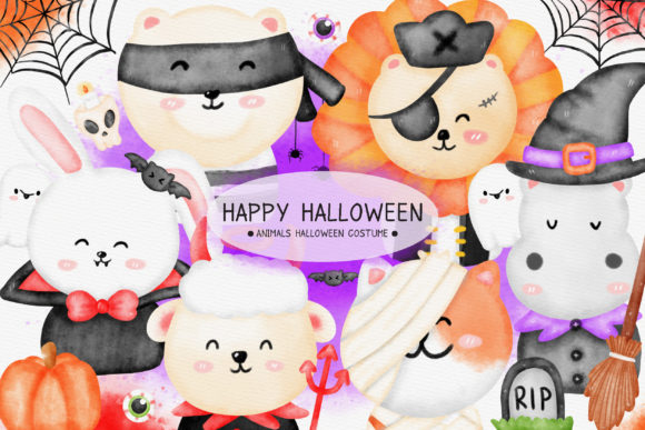 Halloween Animals Costume Watercolor Illustrations