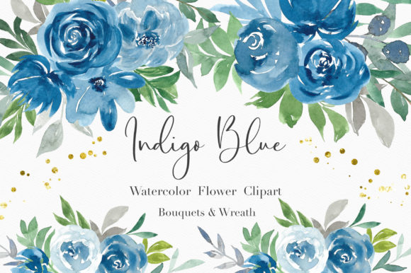 Indigo Blue Watercolor Floral Clipart & Illustrations