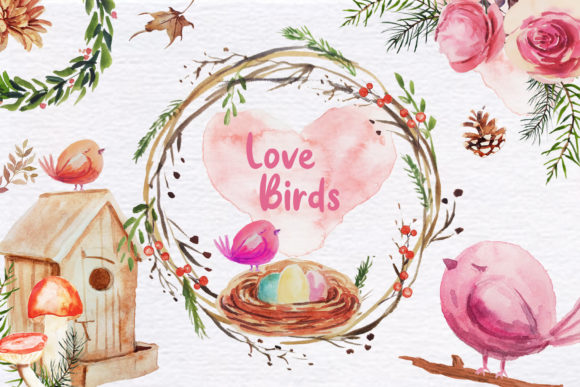 Love Birds Watercolor Clipart and Illustrations