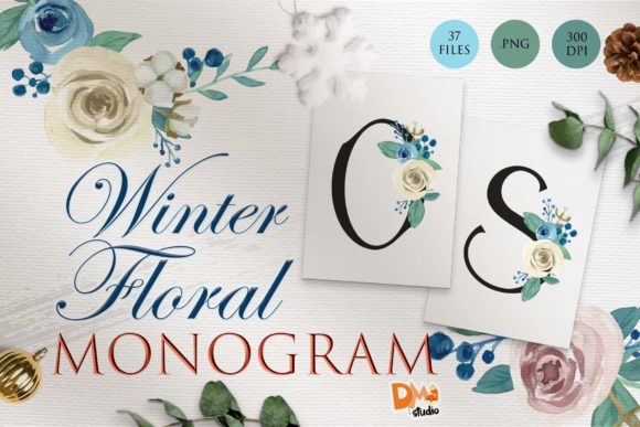 Monogram Winter Floral Watercolor Set 2 Illustrations