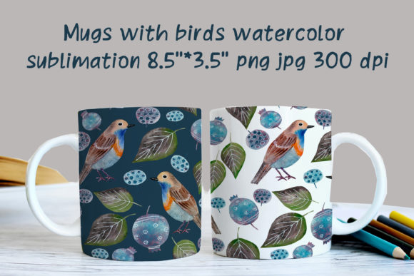 Mugs Birds Watercolor Sublimation Illustrations