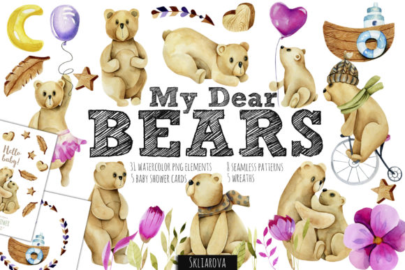 My Dear Bears Watercolor Clipart Illustrations