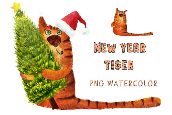 New Year Tiger-cat Watercolor Png Illustrations