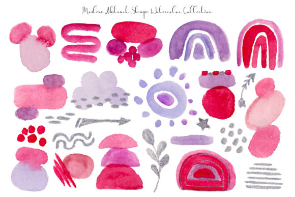 Pink Silver Abstract Shape Watercolor Illustrations