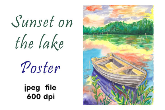 Sunset Lake Poster Watercolor a Boat Illustrations