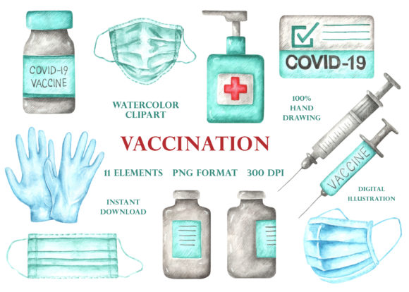 Vaccination Covid Watercolor Clipart and Illustrations