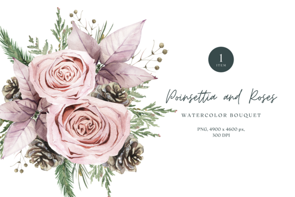 Watercolor Bouquet of Roses Poinsettia Illustrations