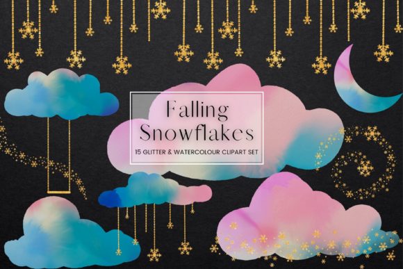 Watercolor Clouds Glitter Snowflakes Illustrations
