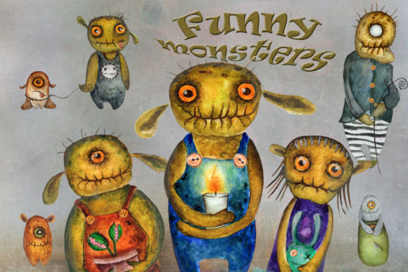 Watercolor Collection of Funny Monsters and Illustrations