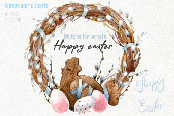 Watercolor Easter Wreath Clipart PNG and Illustrations