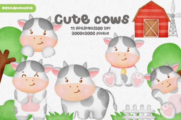 Watercolor Farm Animal Cute Cow Clipart and Illustrations