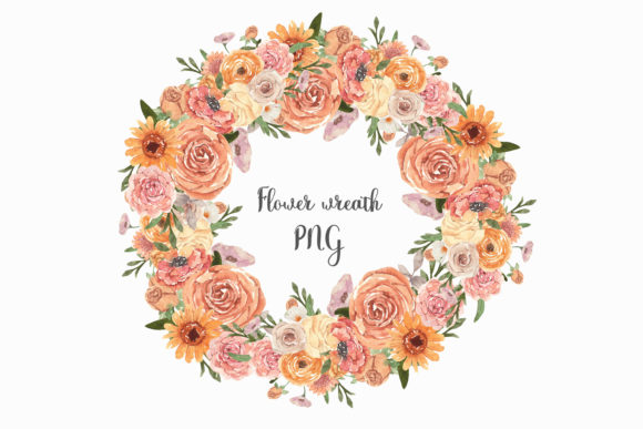 Watercolor Floral Wreath with Orange Flo and Illustrations