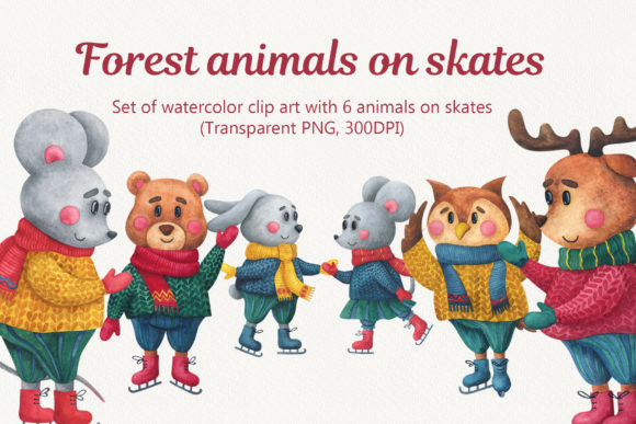 Watercolor Forest Animals on Skates Illustrations