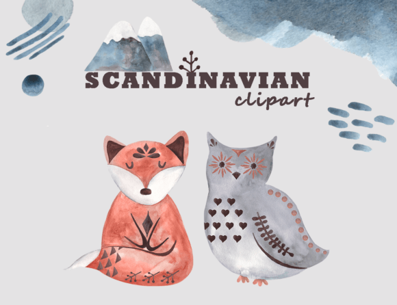 Watercolor Scandinavian Animals Clipart and Illustrations