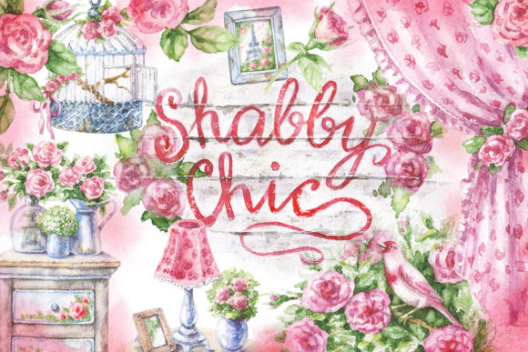 Watercolor Shabby Style Decor Items Illustrations