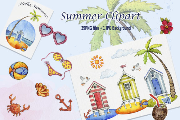 Watercolor Summer Sea Beach Clipart Png and Illustrations