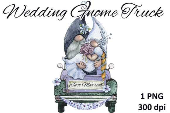 Watercolor Wedding Gnome Truck Sub Png and Illustrations