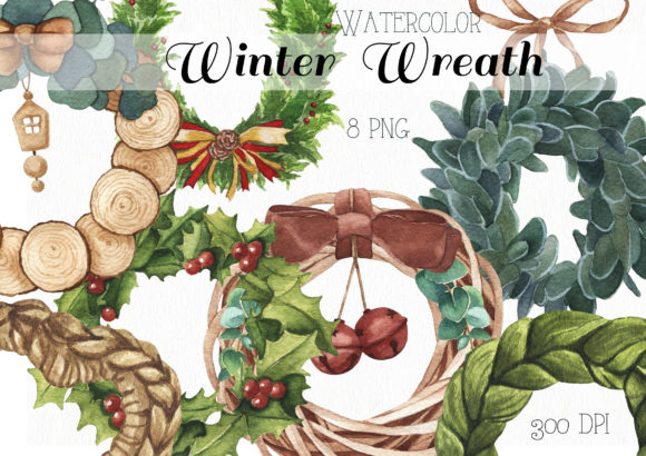 Watercolor Winter Wreath Clipart and Illustrations